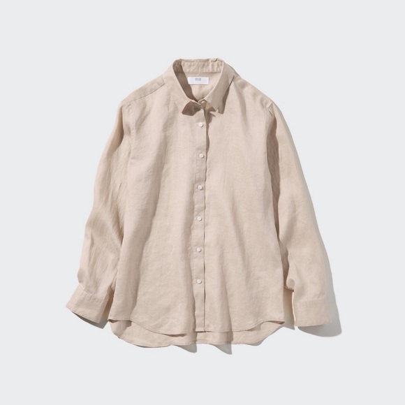 Uniqlo 100% Premium Linen Women’s Button Down Shirt Size S Natural Beige Staple - Picture 2 of 9